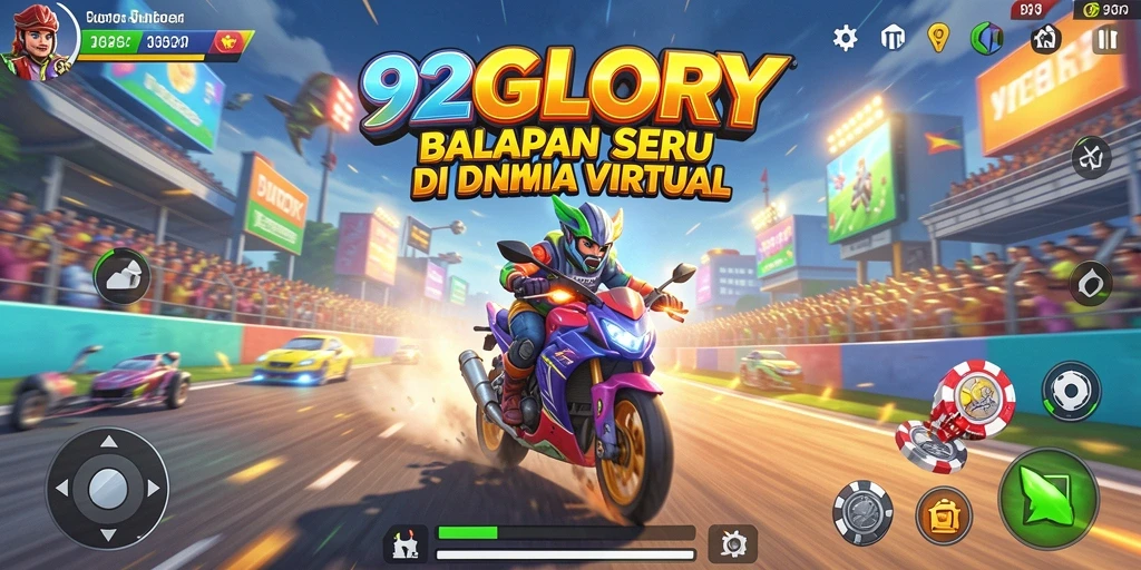 Tangkapan layar gameplay 92GLORY menampilkan balapan yang seru dan mobil yang keren.
