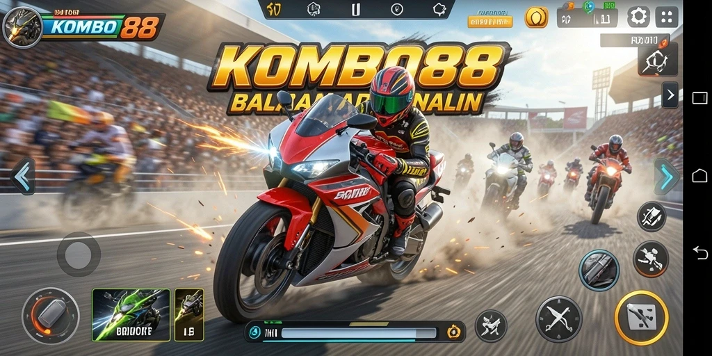 Screenshot gameplay menampilkan aksi balapan motor yang mendebarkan.