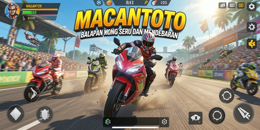 Tampilan gameplay seru dalam MACANTOTO dengan motor balap yang cepat.